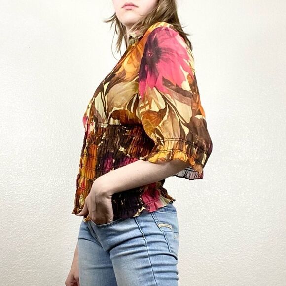 Cache Orange & Pink Floral Smocked Button Up Blouse - Picture 2 of 6